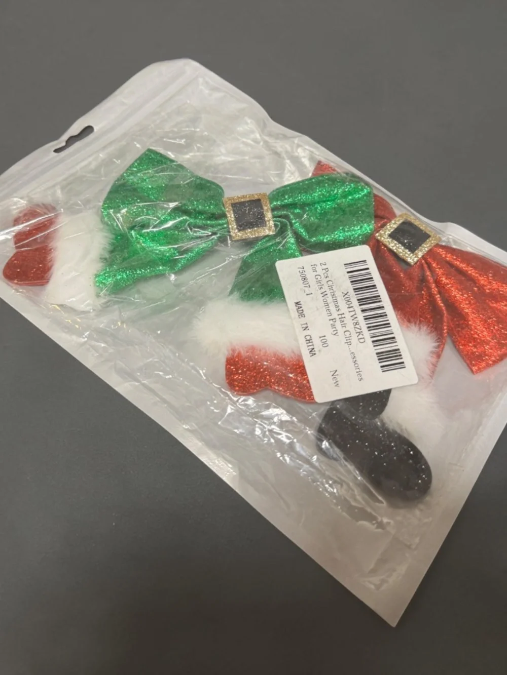 Christmas Glitter Bow Hair Clips Set of 2 Red Green Sequin Santa Holiday NWOT
